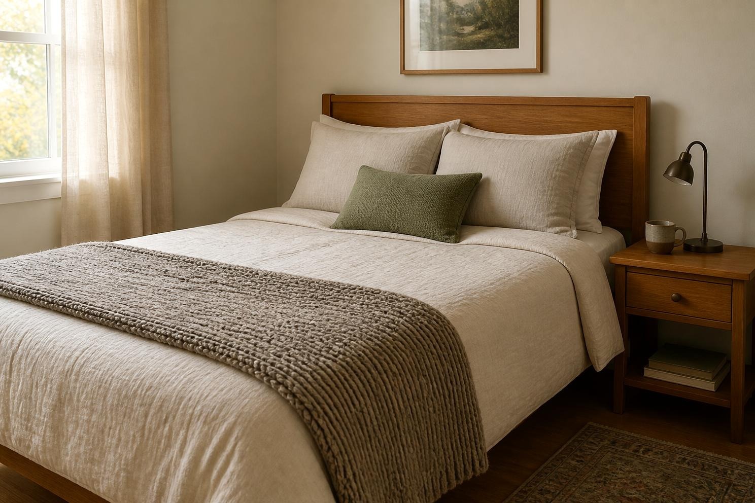 small bedroom in early fall with layered bedding, a knit throw folded at the foot of the bed, and a warm bedside lamp