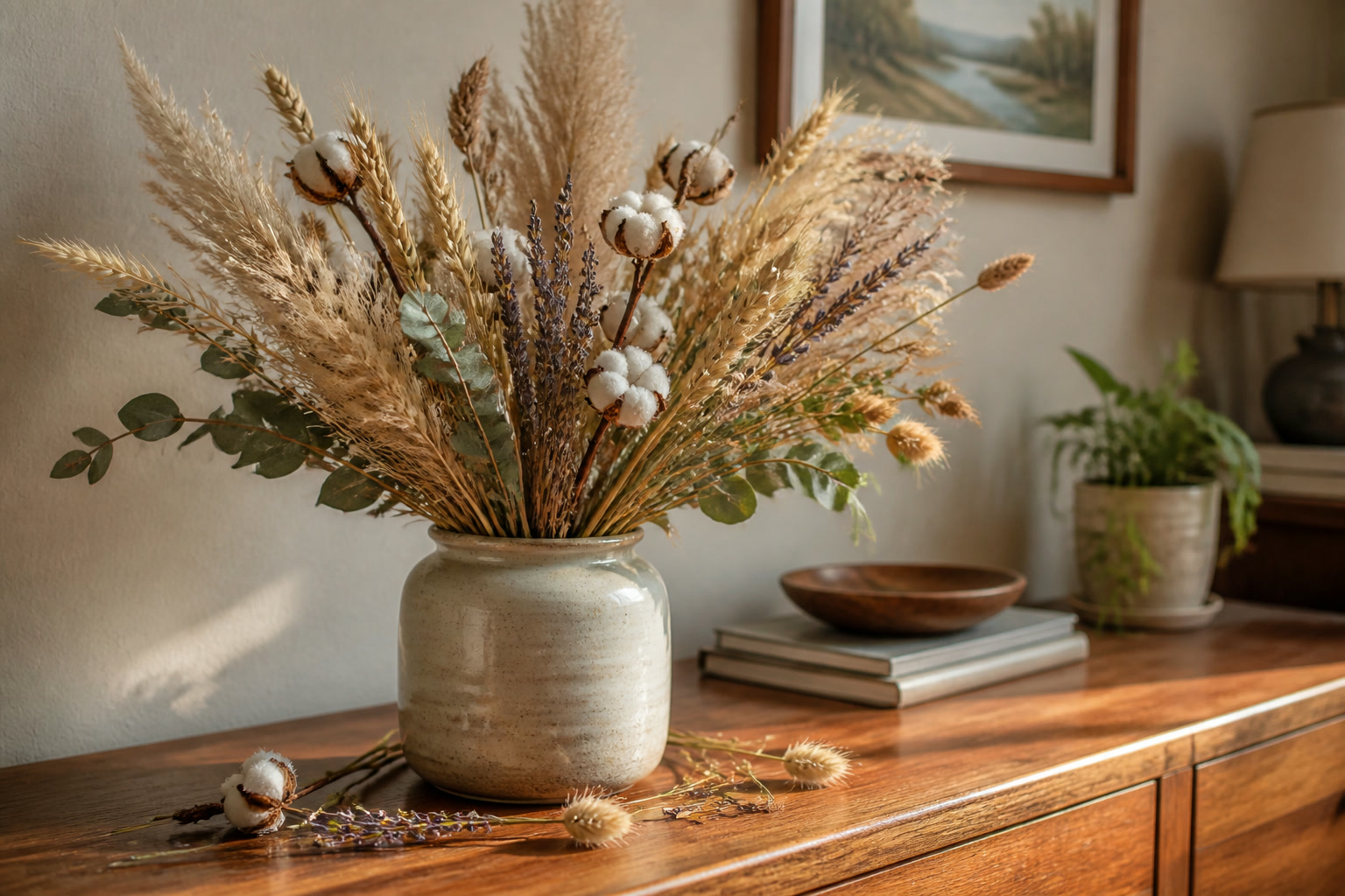 Loose dried fall stems arranged in a rustic vase on a living room console