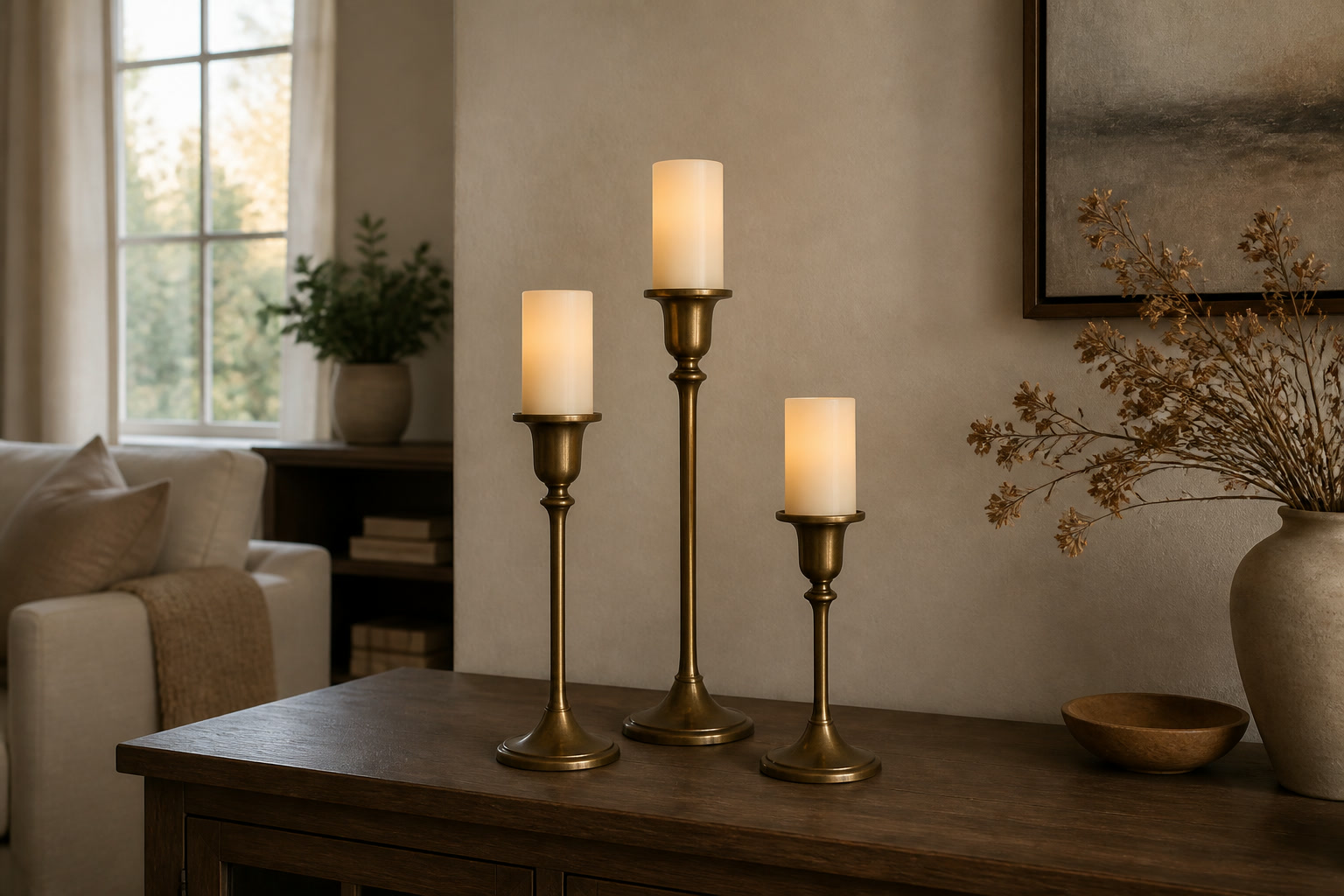 Three brass taper candle holders with flameless ivory candles on a wood console