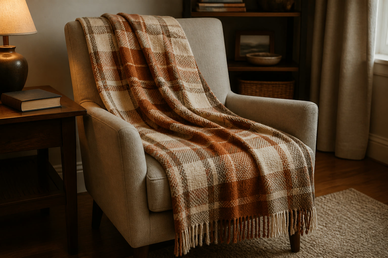 Muted orange and cream plaid throw draped over a neutral reading chair