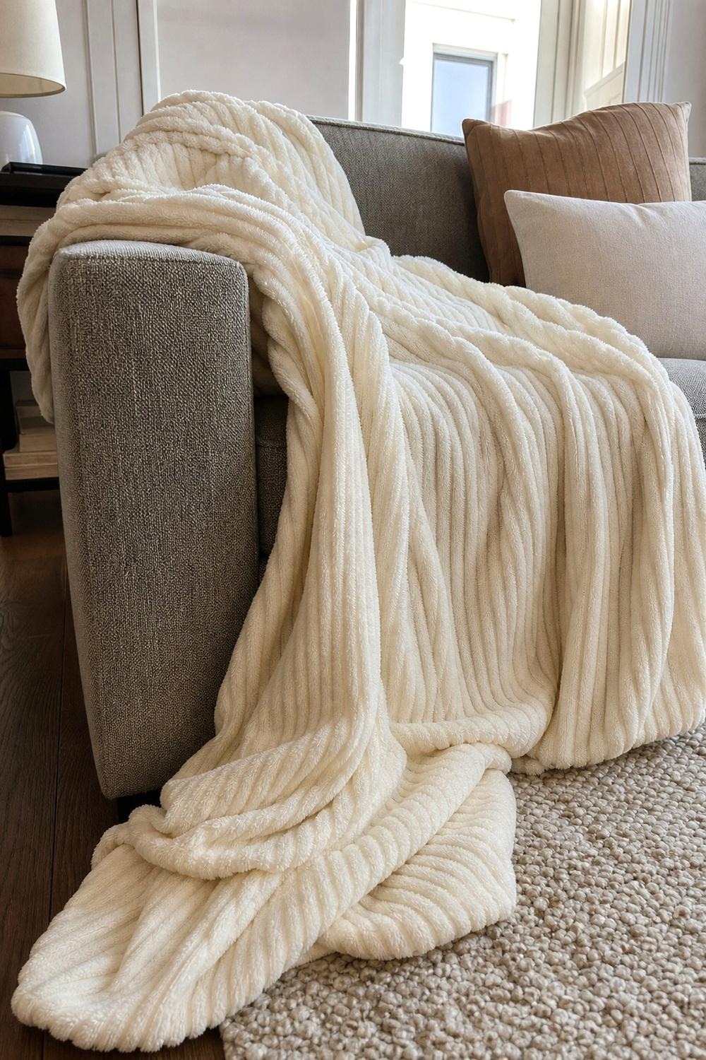 Ivory ribbed fleece throw blanket draped over the arm of a sofa
