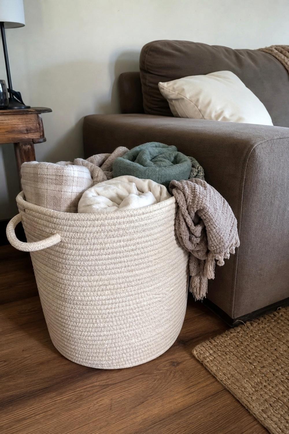 Woven rope blanket basket filled with folded throws next to a sofa