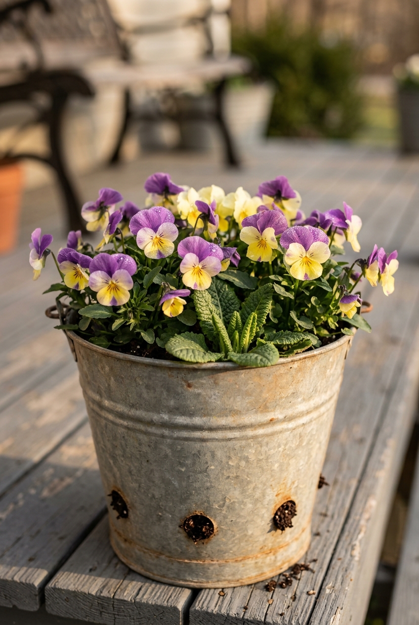 Secondhand wooden chair on front porch with galvanized bucket planters filled with purple pansies and yellow primrose
