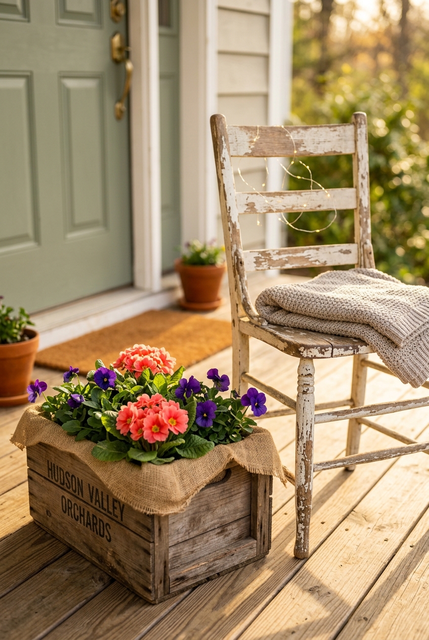 Front porch corner with wooden crate planters holding primrose and pansies next to a weathered chair with a faded blue cushion