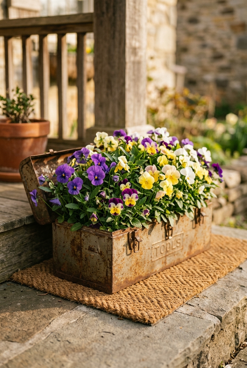 Repurposed metal toolbox planter with purple and yellow pansies on a front porch step next to a welcome mat