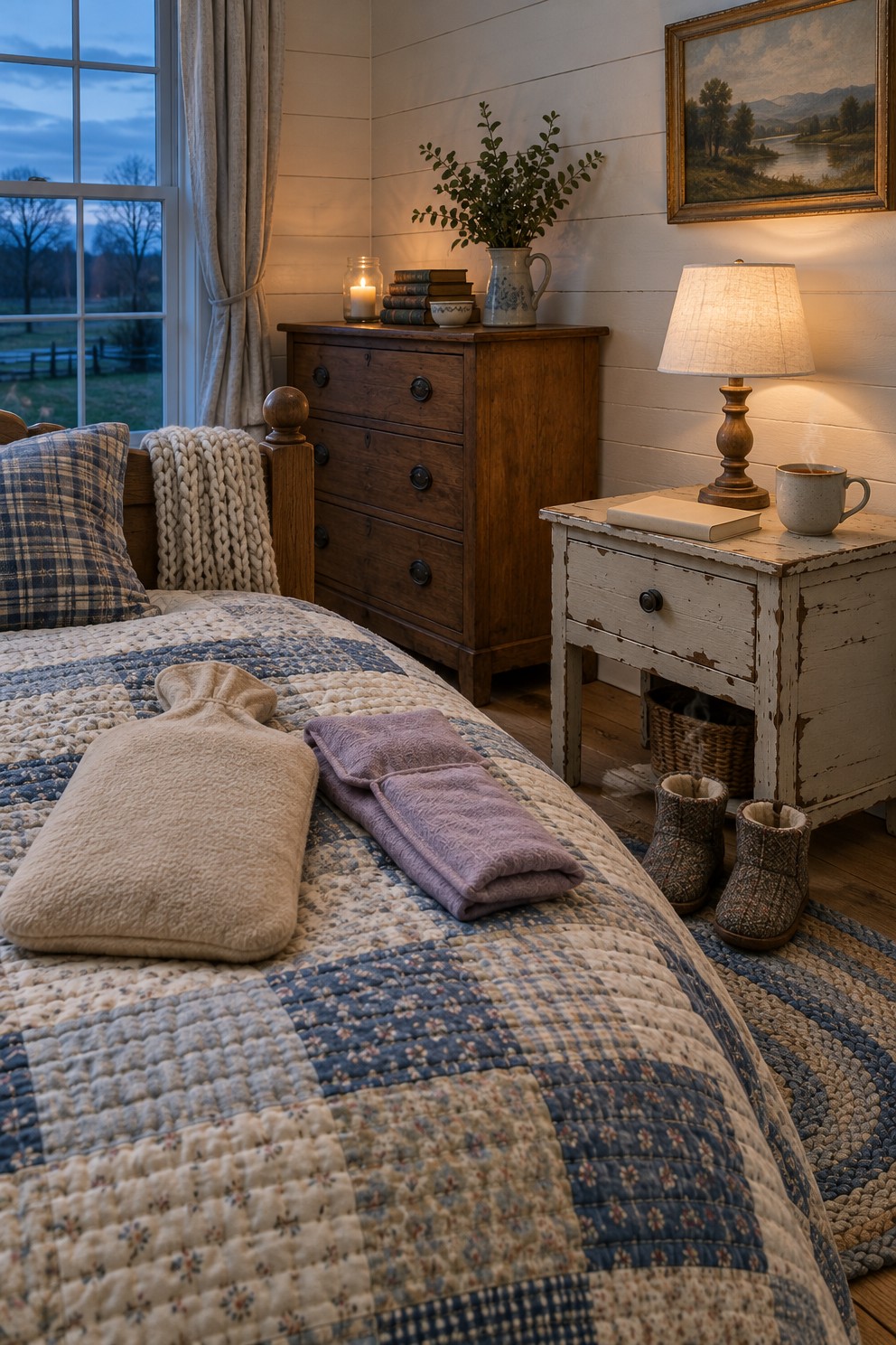 Farmhouse bedroom in the evening with a small lamp lit on the nightstand, a hot water bottle in a fleece cover and a herbal neck wrap on the quilt, and slippers on the rug