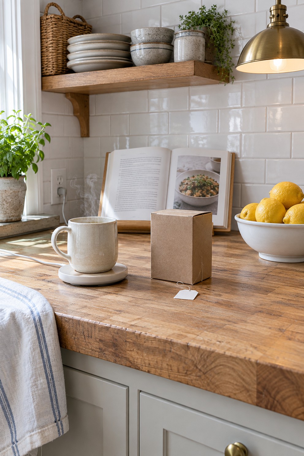 Farmhouse kitchen counter in morning light with an open cookbook on a bamboo stand, a steaming mug on a warming plate and a box of herbal tea