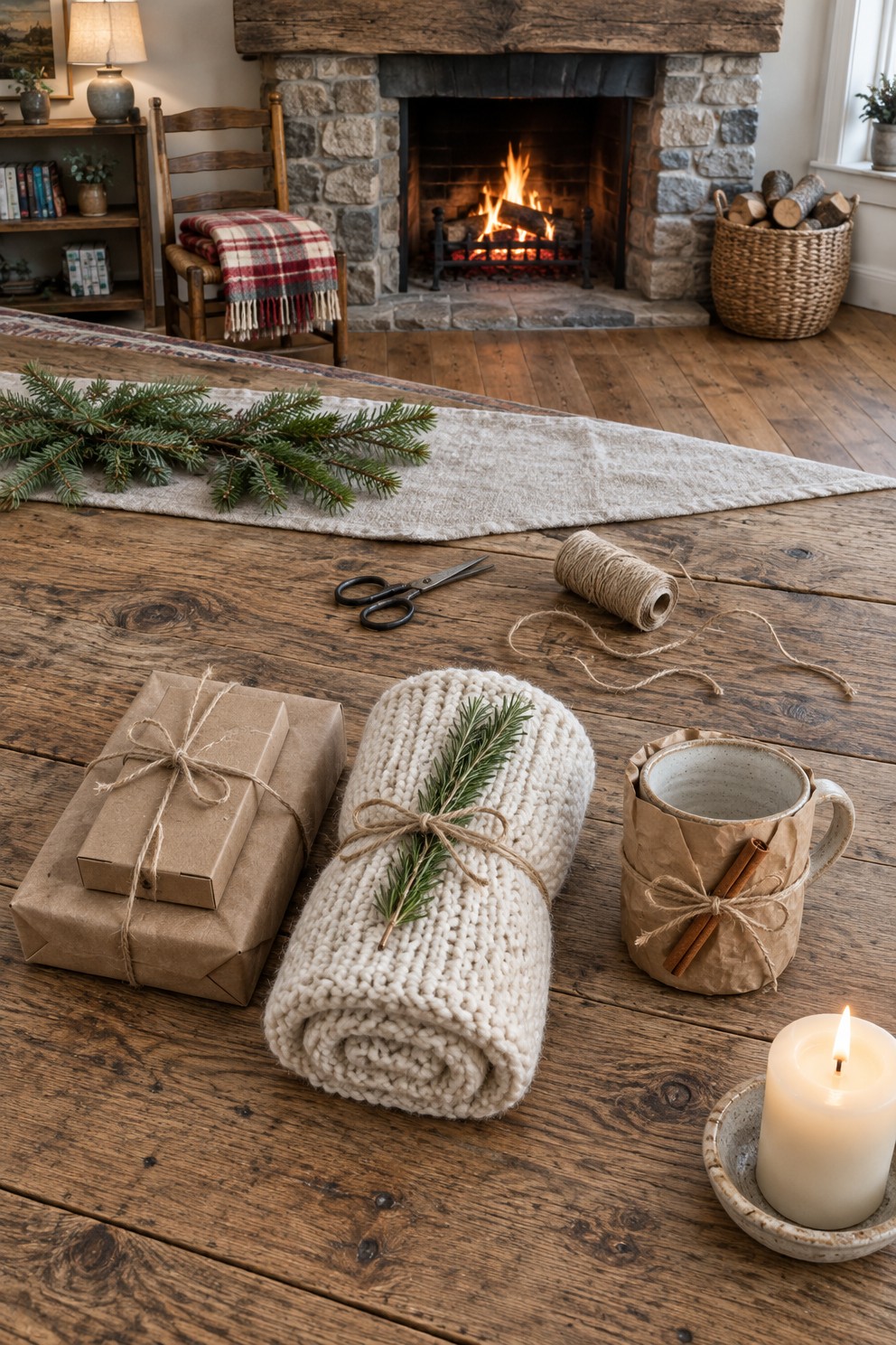 Overhead view of a rolled throw tied with kraft paper and twine, a wrapped mug and a tea box on a farmhouse table with a candle lit