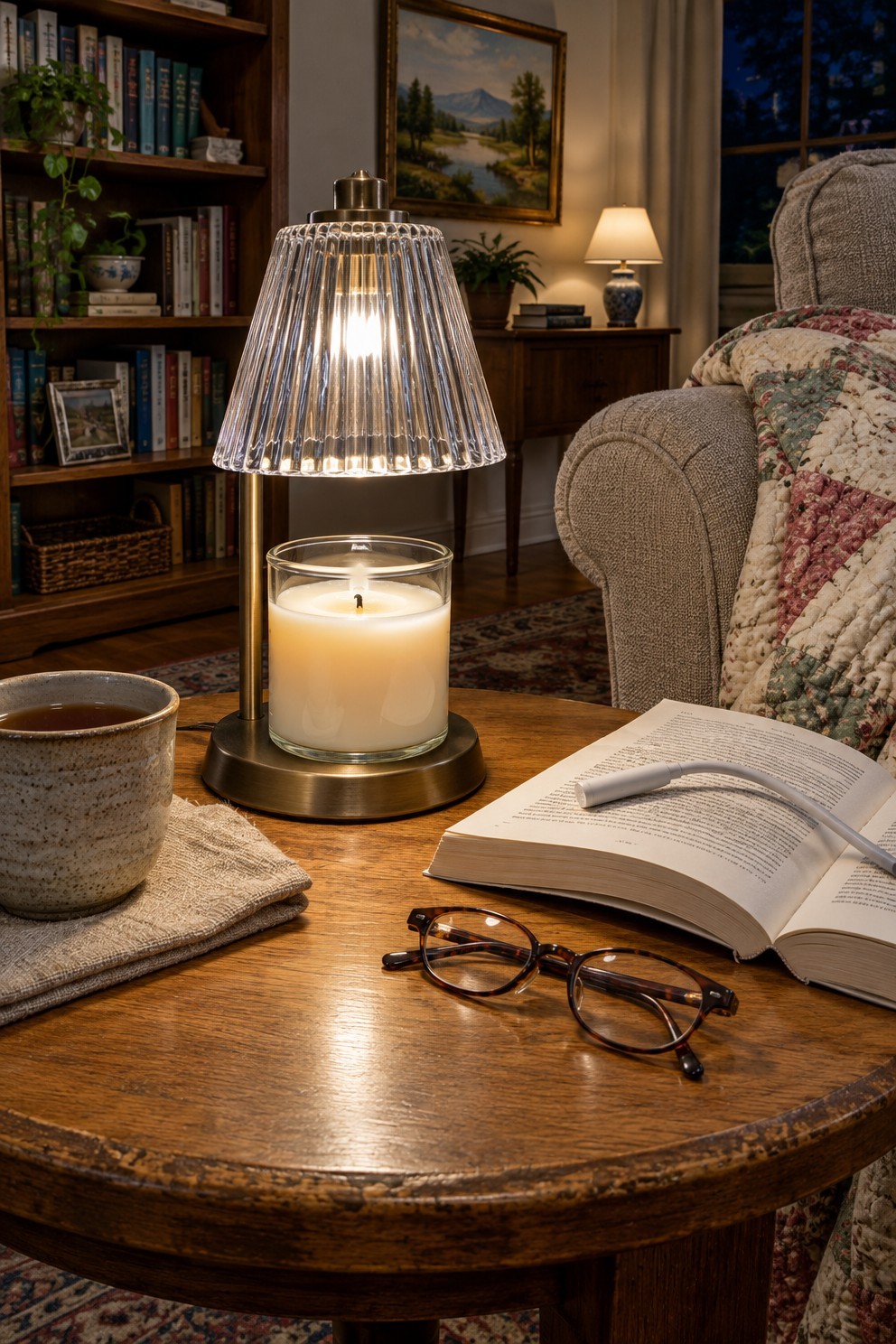 A wooden side table at night with a glass candle warmer lamp over a jar candle, an open book and a neck light beside it