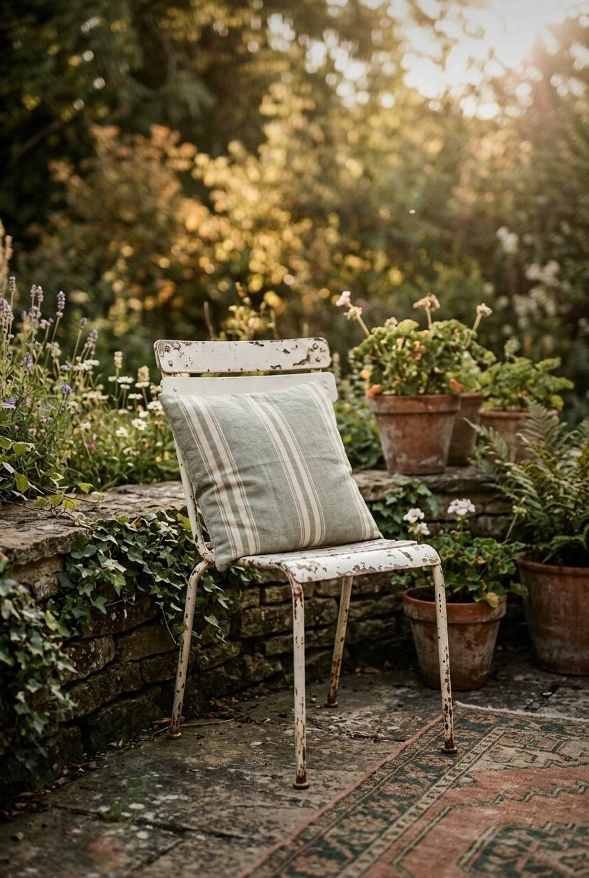 L-shaped wooden bench tucked into a patio corner with throw pillows and a small side table