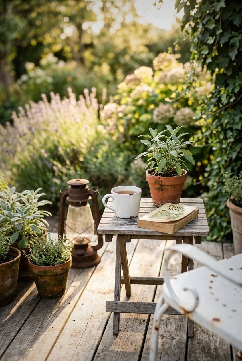 Floor cushions and a low wooden tray in a covered patio corner with string lights overhead