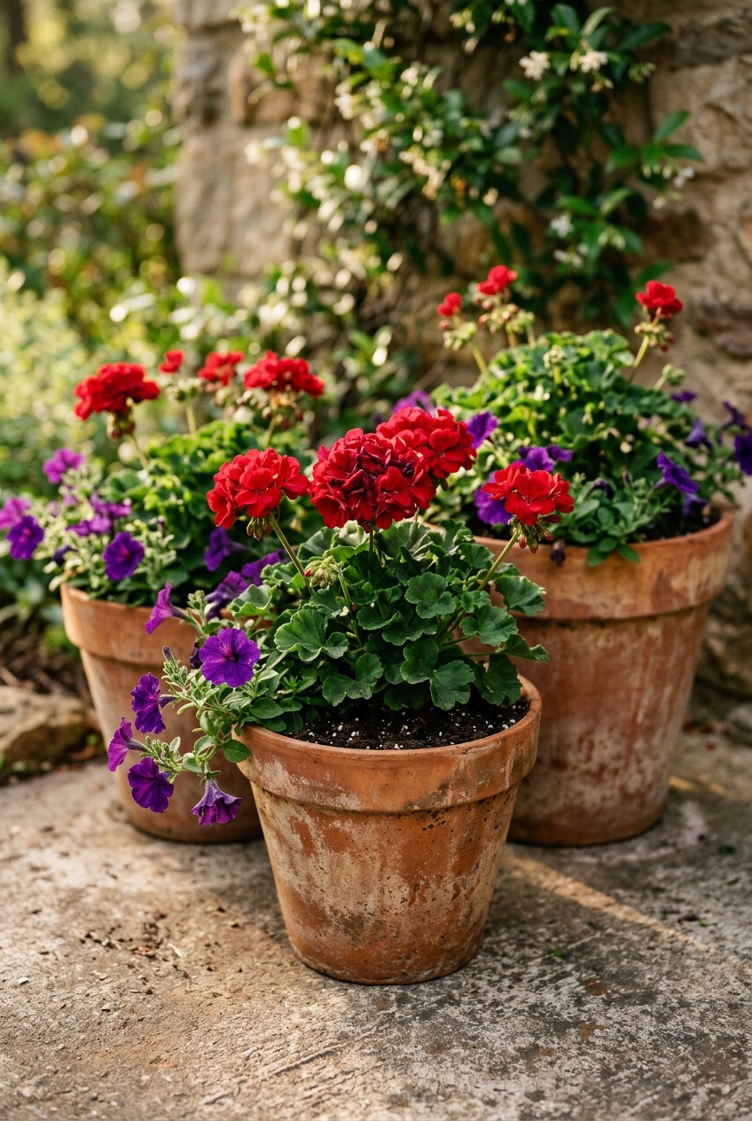 Budget patio corner with thrifted metal chairs painted white, string lights overhead, and terra cotta pots with geraniums