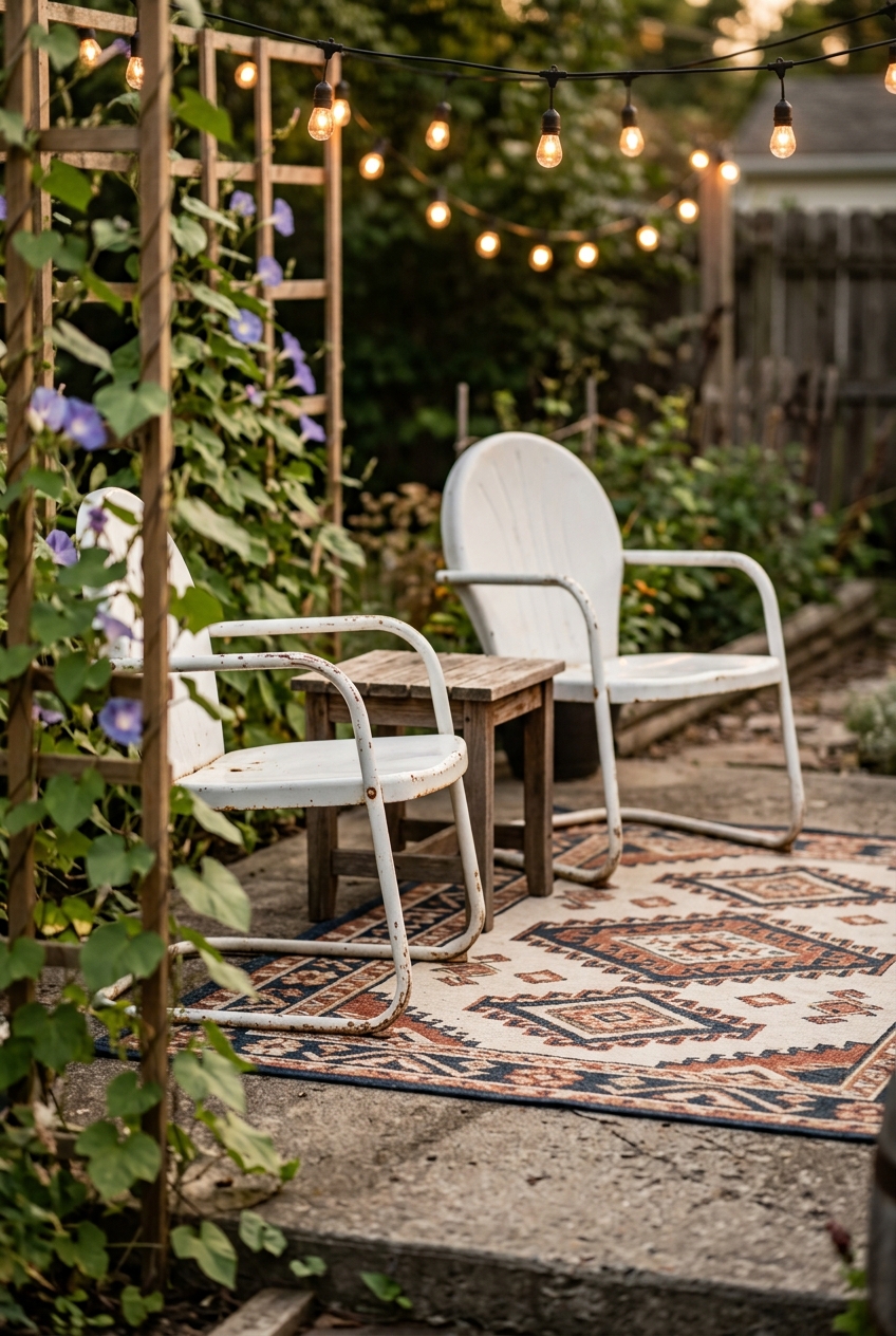 Outdoor rug on concrete patio with two chairs and small side table, showing furniture placement with front legs on rug