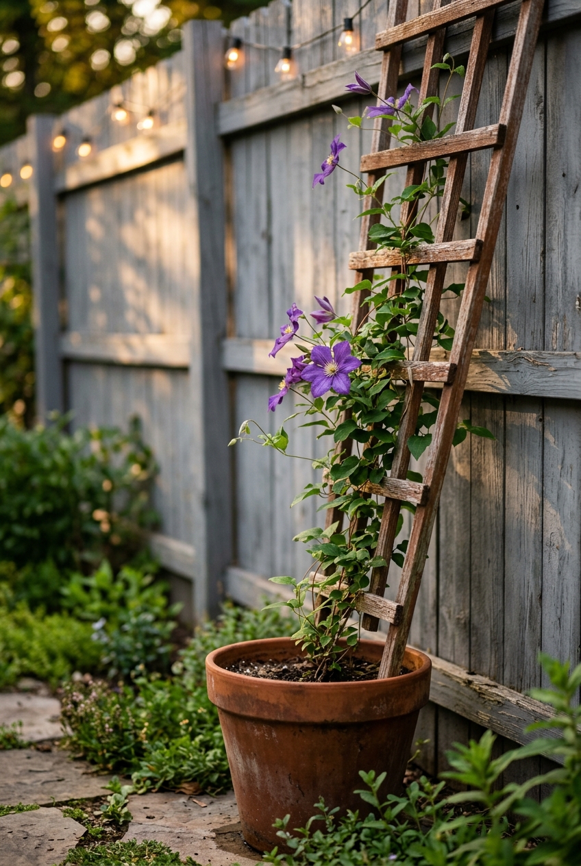 Cluster of five terra cotta pots with geraniums and trailing petunias arranged by height on patio corner