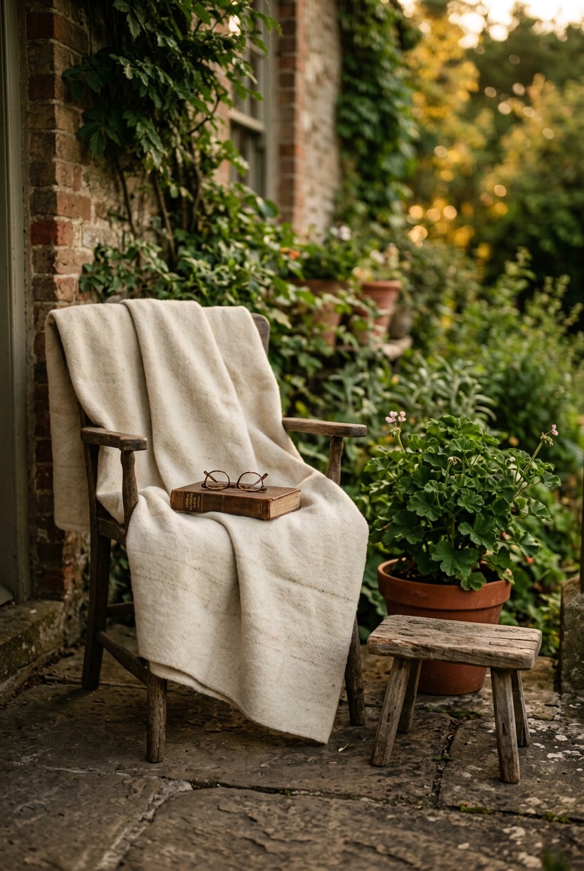 Single cushioned porch chair with a throw blanket and book on a small covered porch