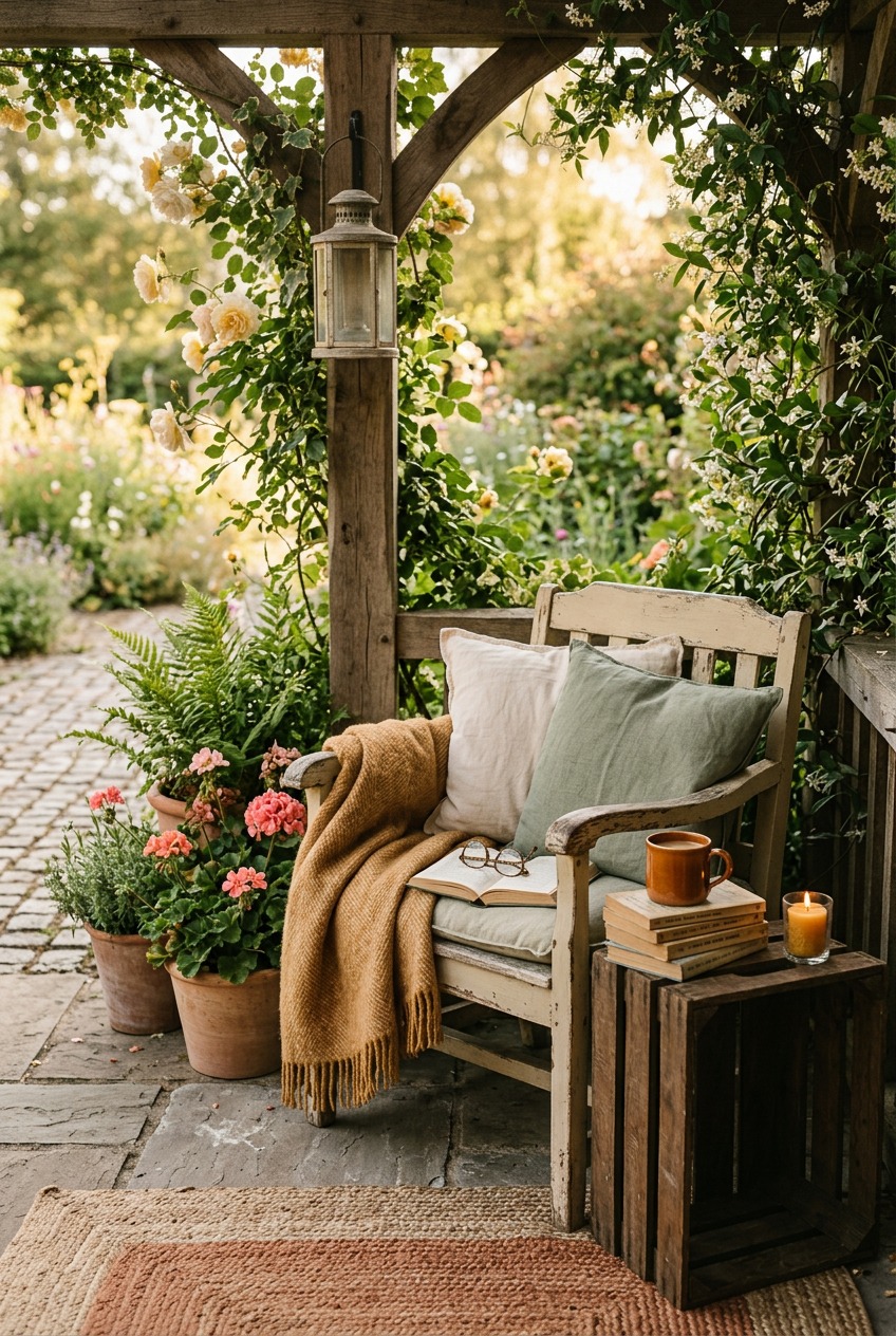Warm string lights draped along a small porch ceiling at dusk with a lantern on a side table