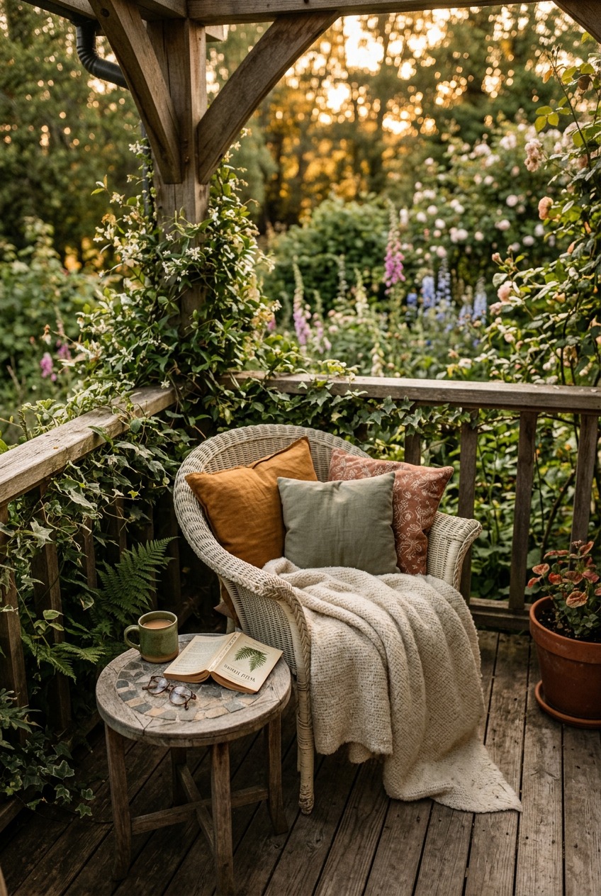 Small 6x8 foot porch set up as a reading nook with a single chair, side table, outdoor rug, and hanging fern