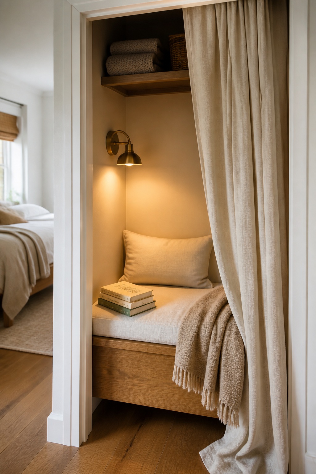 Closet reading nook with door removed, floor cushion, warm wall sconce, and linen curtain partly drawn
