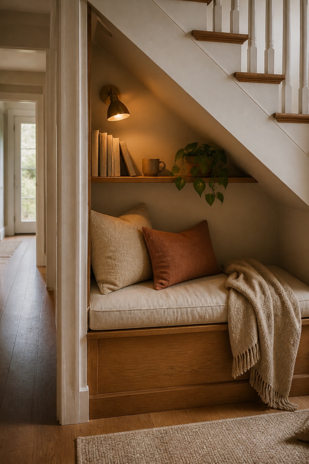 Under-stairs reading nook with cushioned bench, warm wall sconce mounted on the slanted ceiling, and narrow oak bookshelf at the back