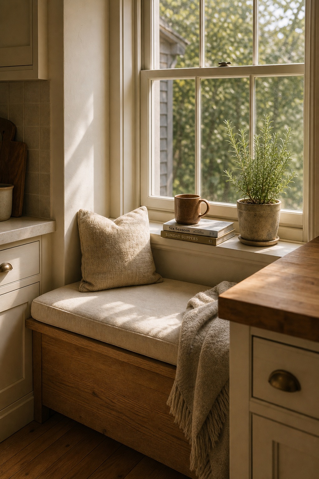 Sunroom with two large floor cushions, side table between them with books and a teapot, soft afternoon daylight