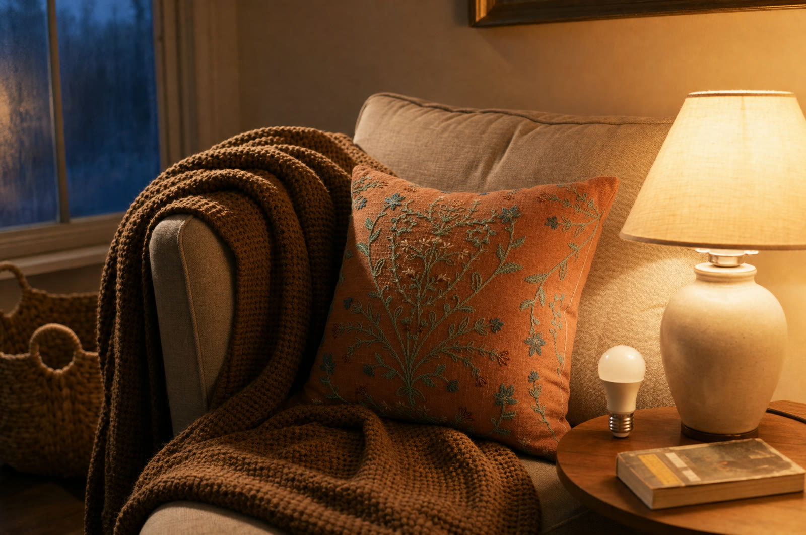 Warm table lamp glowing beside a cream sofa at blue hour with a brown throw, terracotta pillow, basket, and A19 bulb