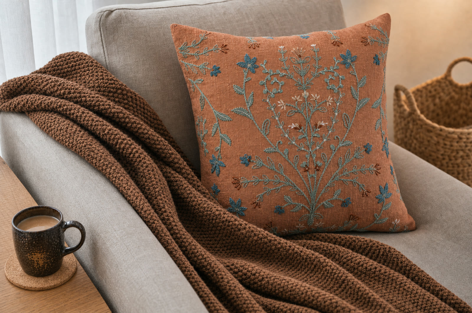 Close view of a textured brown knit throw and terracotta embroidered floral pillow on a cream sofa with a coffee mug nearby