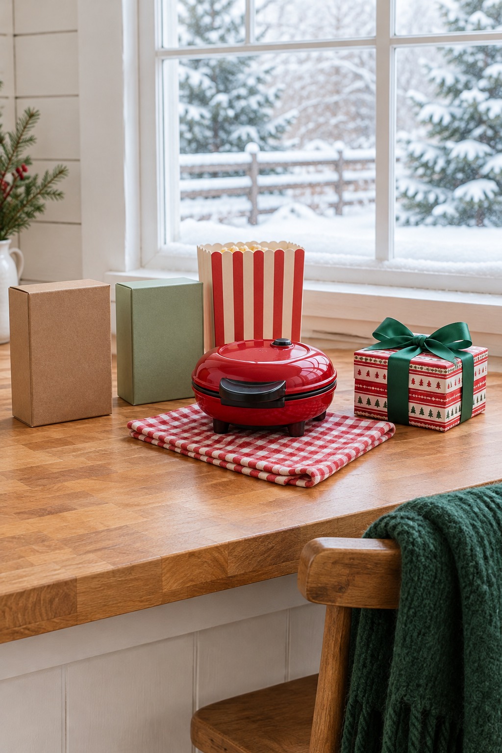 Bright farmhouse kitchen counter by a window with snow outside, holding a box of hot cocoa envelopes, a box of tea, a box of mini popcorn cones, a small red waffle maker and a gift wrapped in red and white Christmas paper