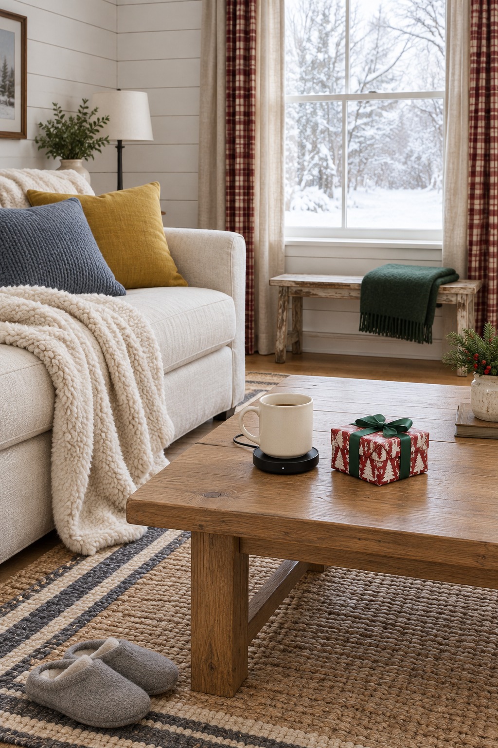 Bright living room sofa in a farmhouse room with a cream sherpa throw, a pair of soft gray slippers on the floor, a flat mug warmer with a cream mug on an oak coffee table and a small gift wrapped in red and white Christmas paper, with snow in the window