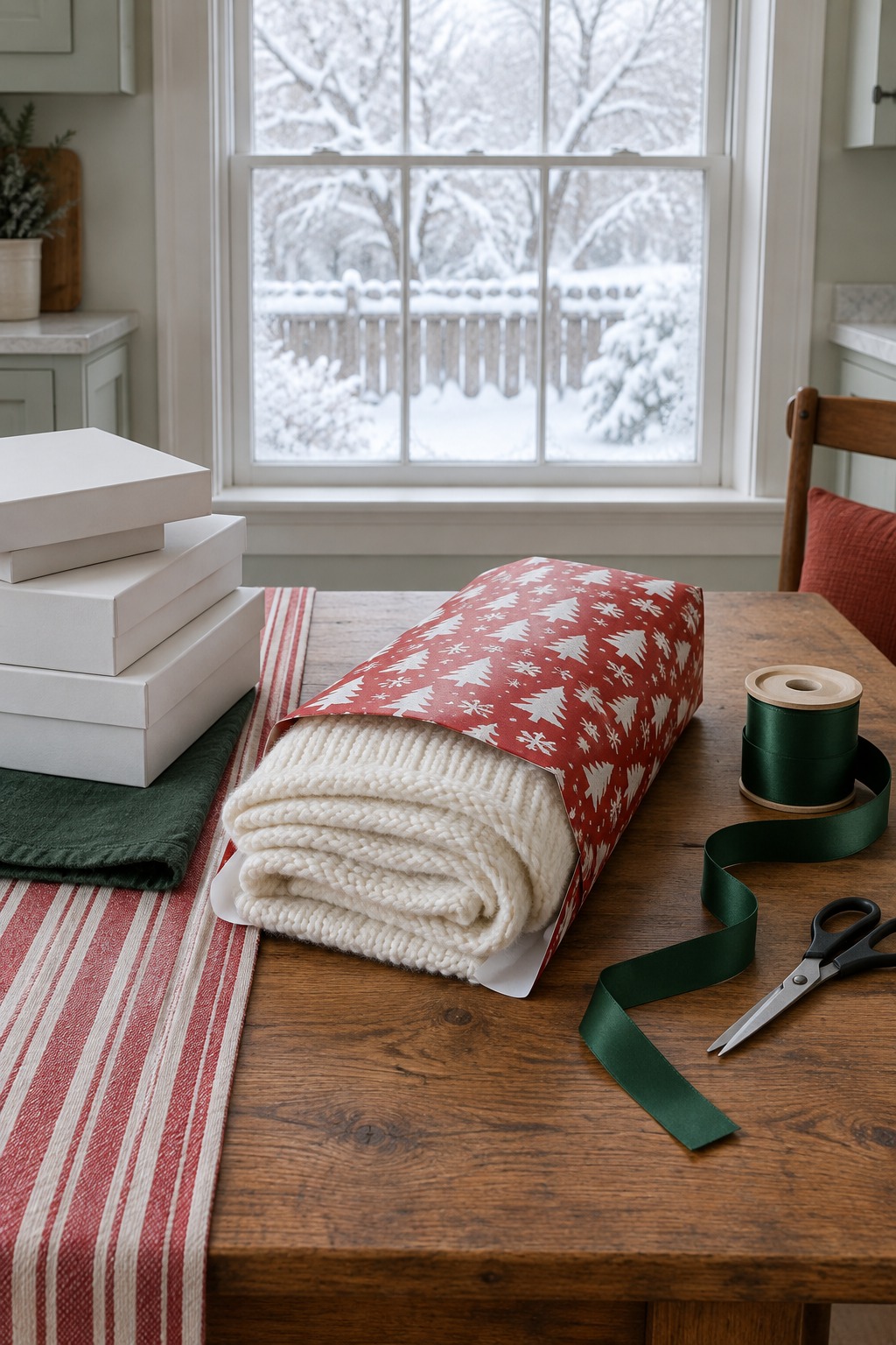 Kitchen table in bright daylight with a folded cream throw half wrapped in red and white Christmas paper, a spool of forest green ribbon, scissors and a stack of plain gift boxes, with a window showing snow behind