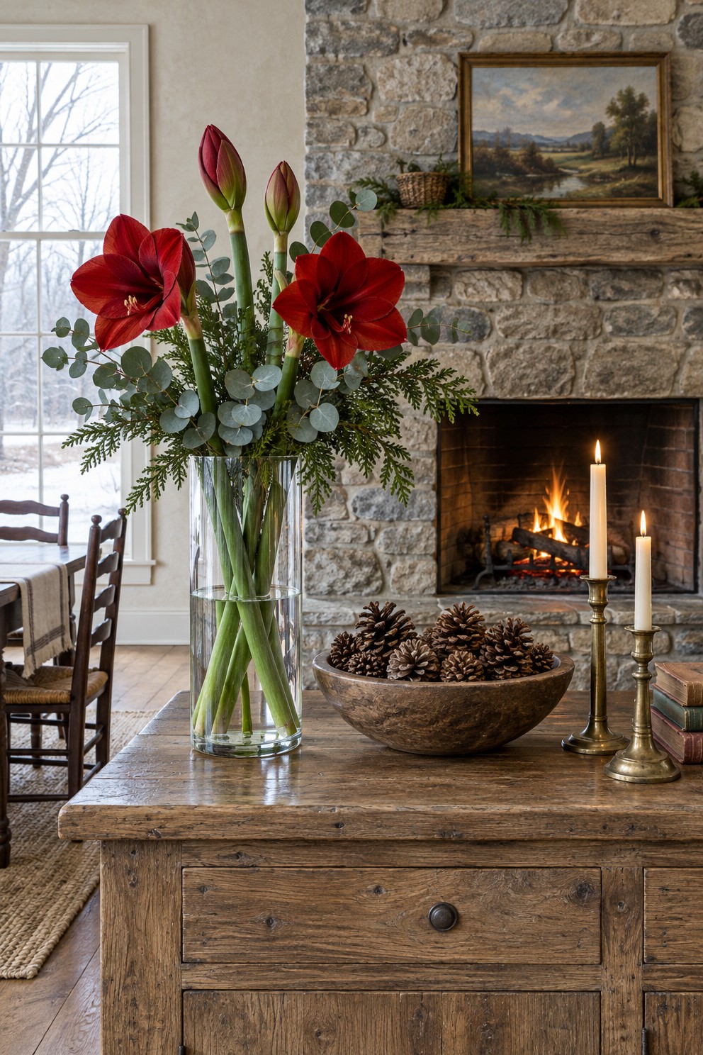 Four red cut amaryllis stems and eucalyptus in a tall clear glass vase on a rustic sideboard beside a stone fireplace