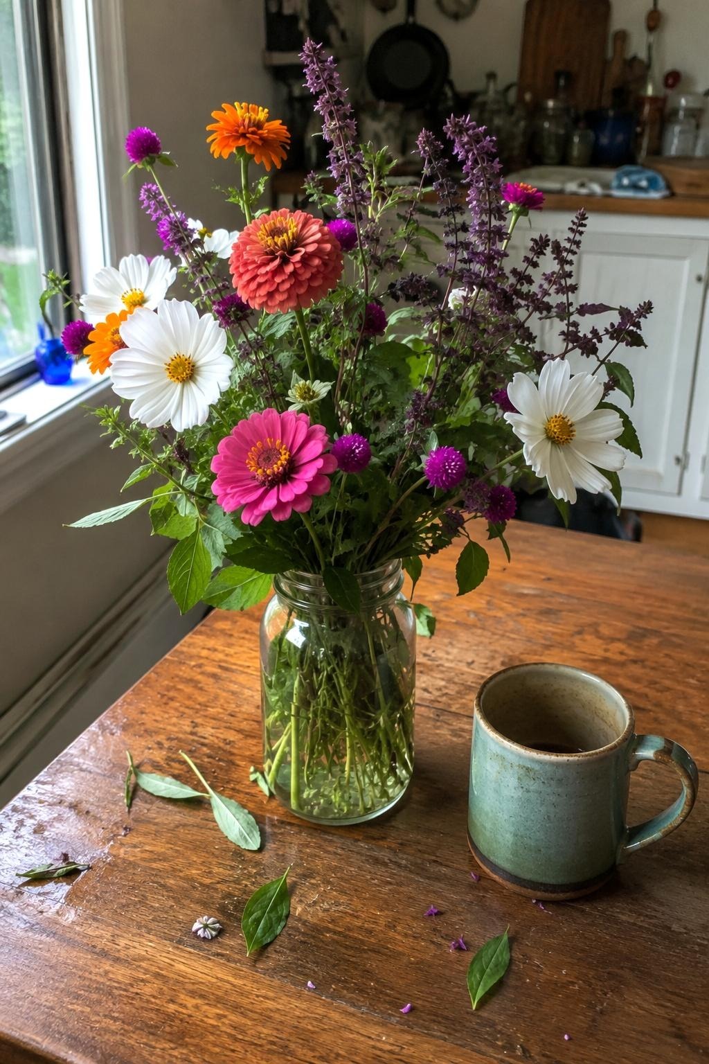 Glass jar of zinnias, cosmos, basil, and gomphrena on a kitchen table