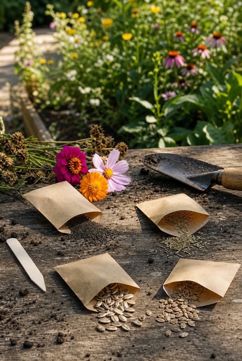 Flower seed packets and loose seeds ready to direct sow into warm garden soil