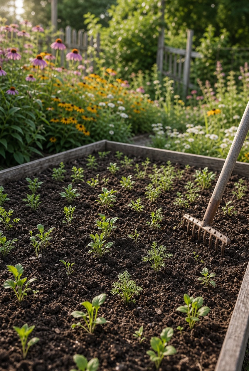 Young flower seedlings growing in a sunny garden bed after direct sowing