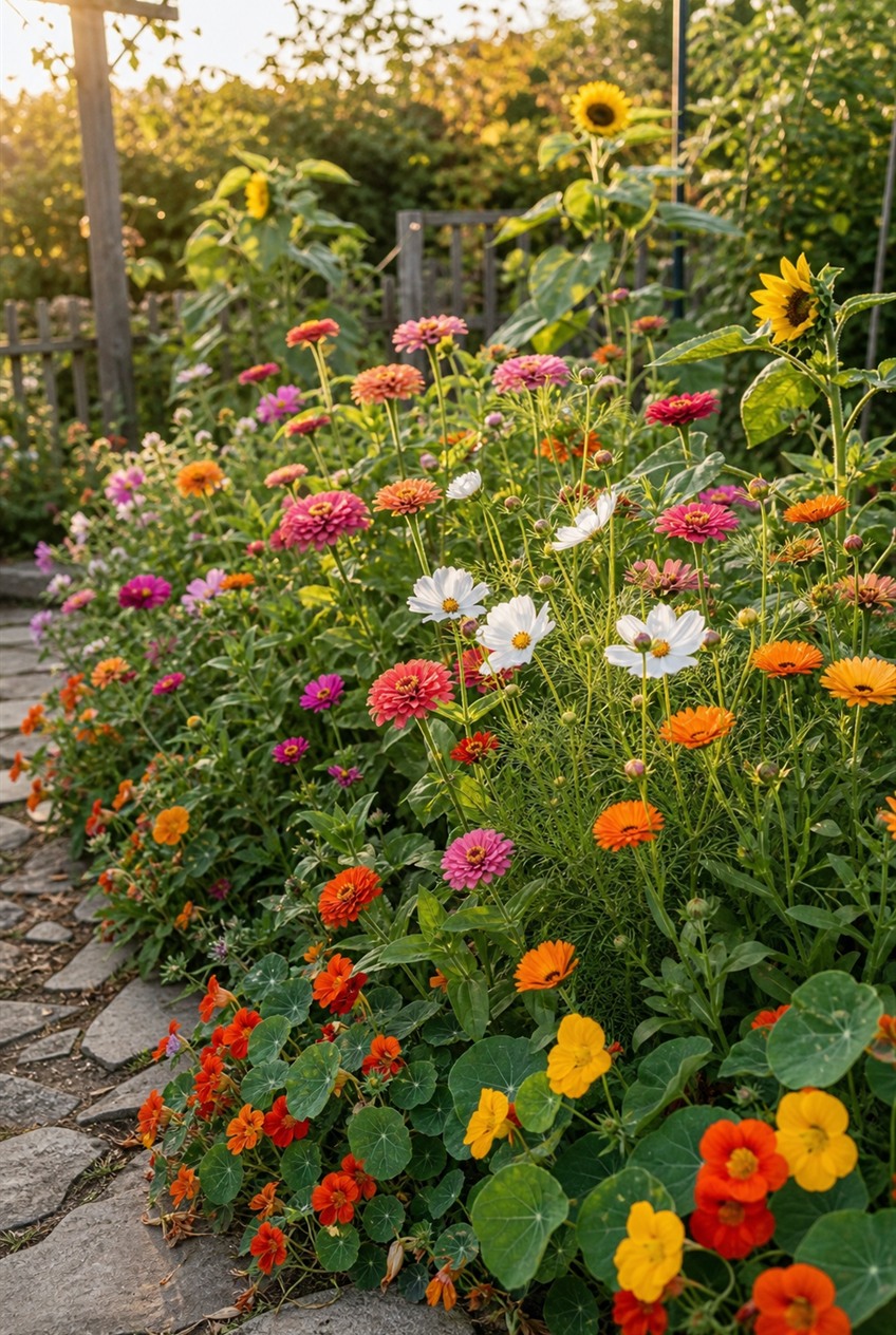 Direct sown summer flowers beginning to fill a small garden bed with color