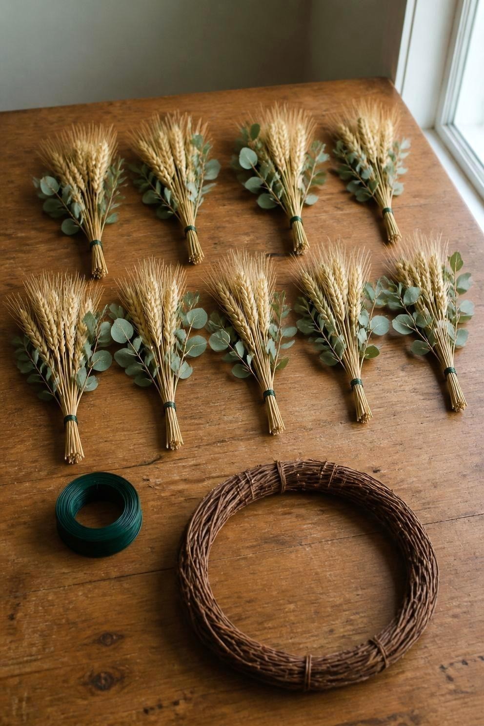 Ten small bunches of cut dried wheat and eucalyptus sprigs laid out in rows on a wooden table beside a spool of green floral wire and a bare grapevine ring