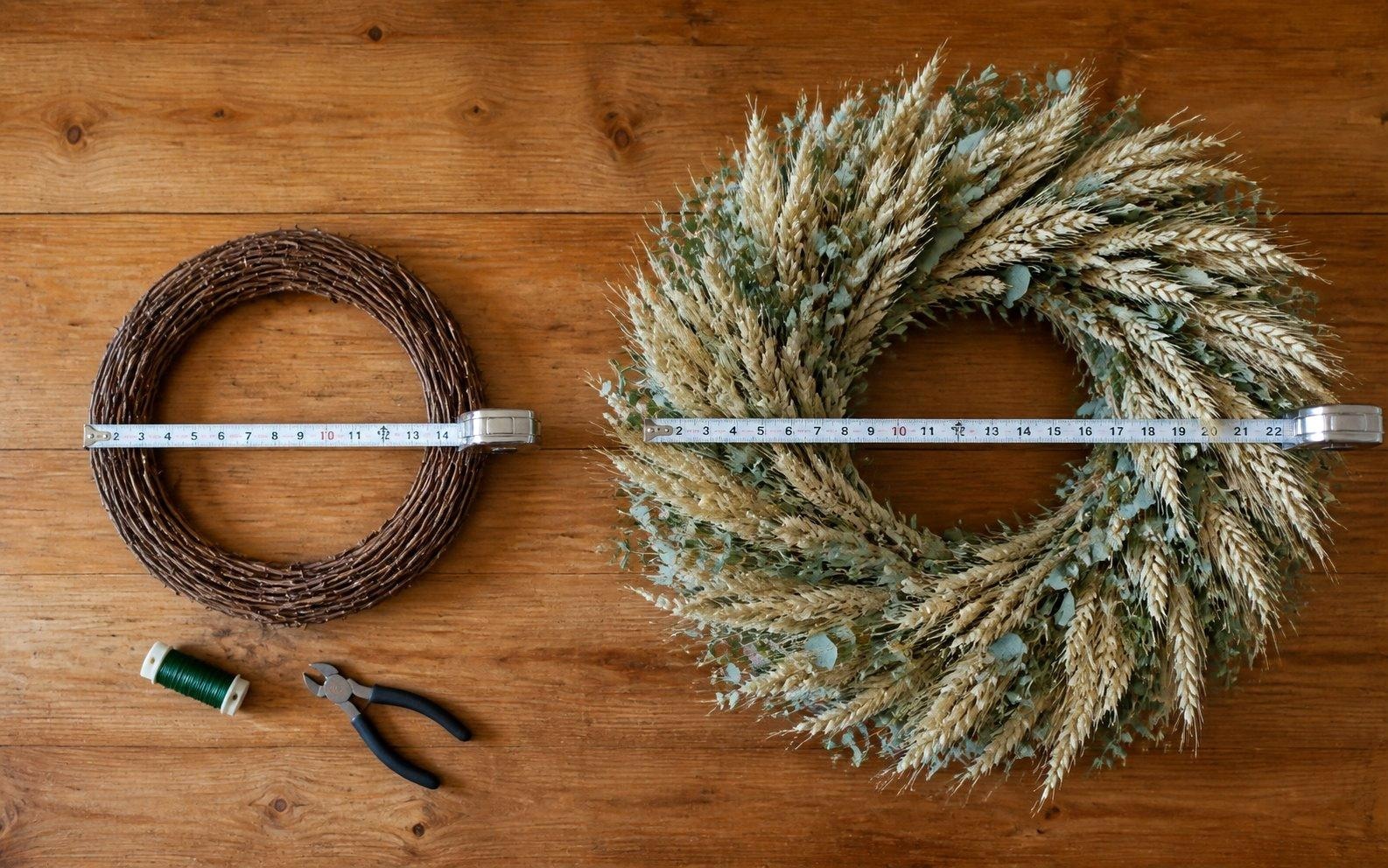 A 14-inch bare grapevine wreath base beside a finished 22-inch wheat and eucalyptus wreath, each measured across on the same worktable