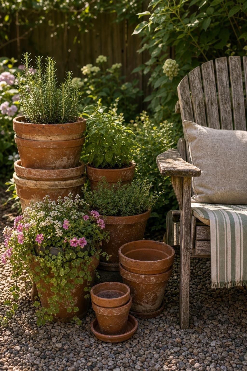 Weathered terracotta pots grouped beside a garden chair and herbs