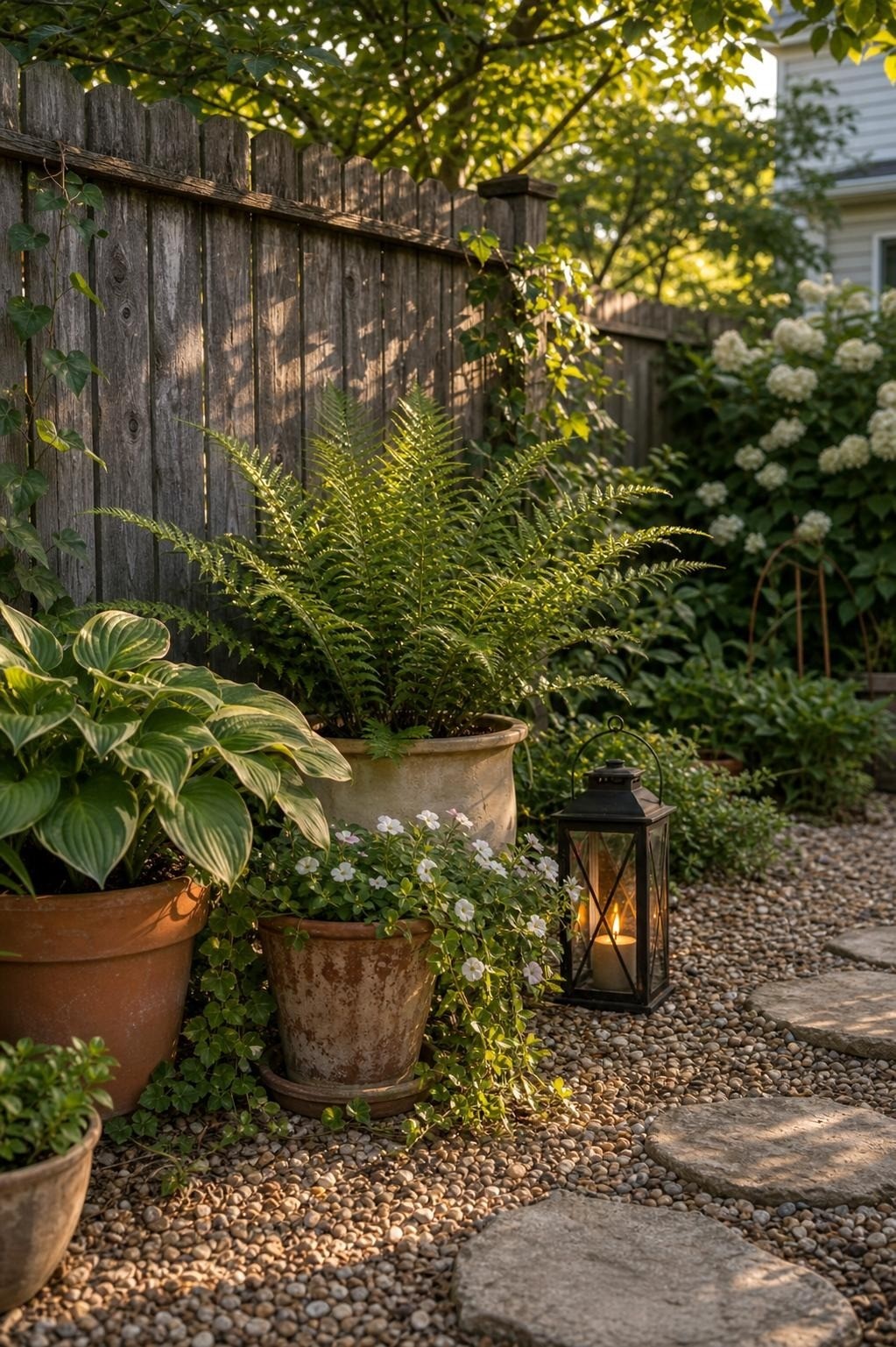 Simple lantern in a garden corner near potted plants and a path
