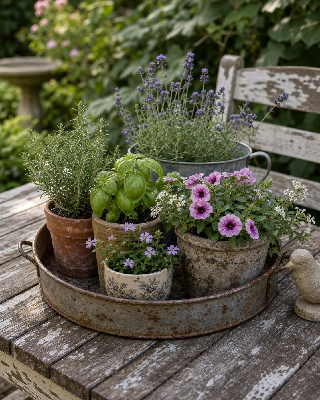 Old metal tray holding small herb pots on a garden table
