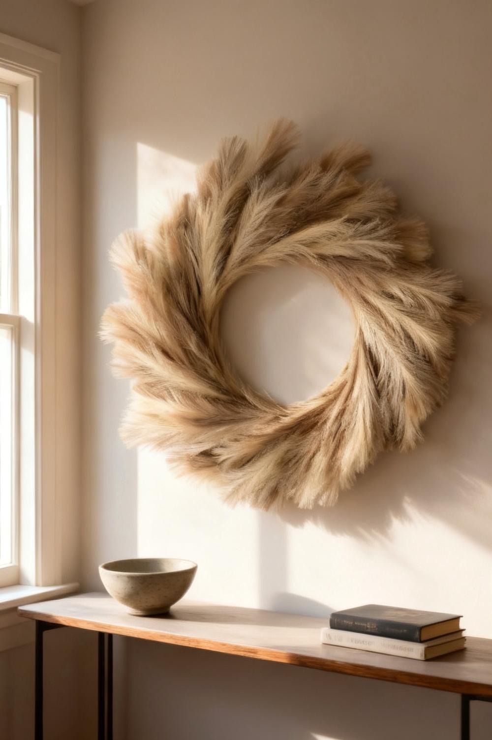 A neutral dried wreath hanging on the outer face of a storm door under a deep porch roof, seen from the side so the roof overhang and the sheltered gap are both visible