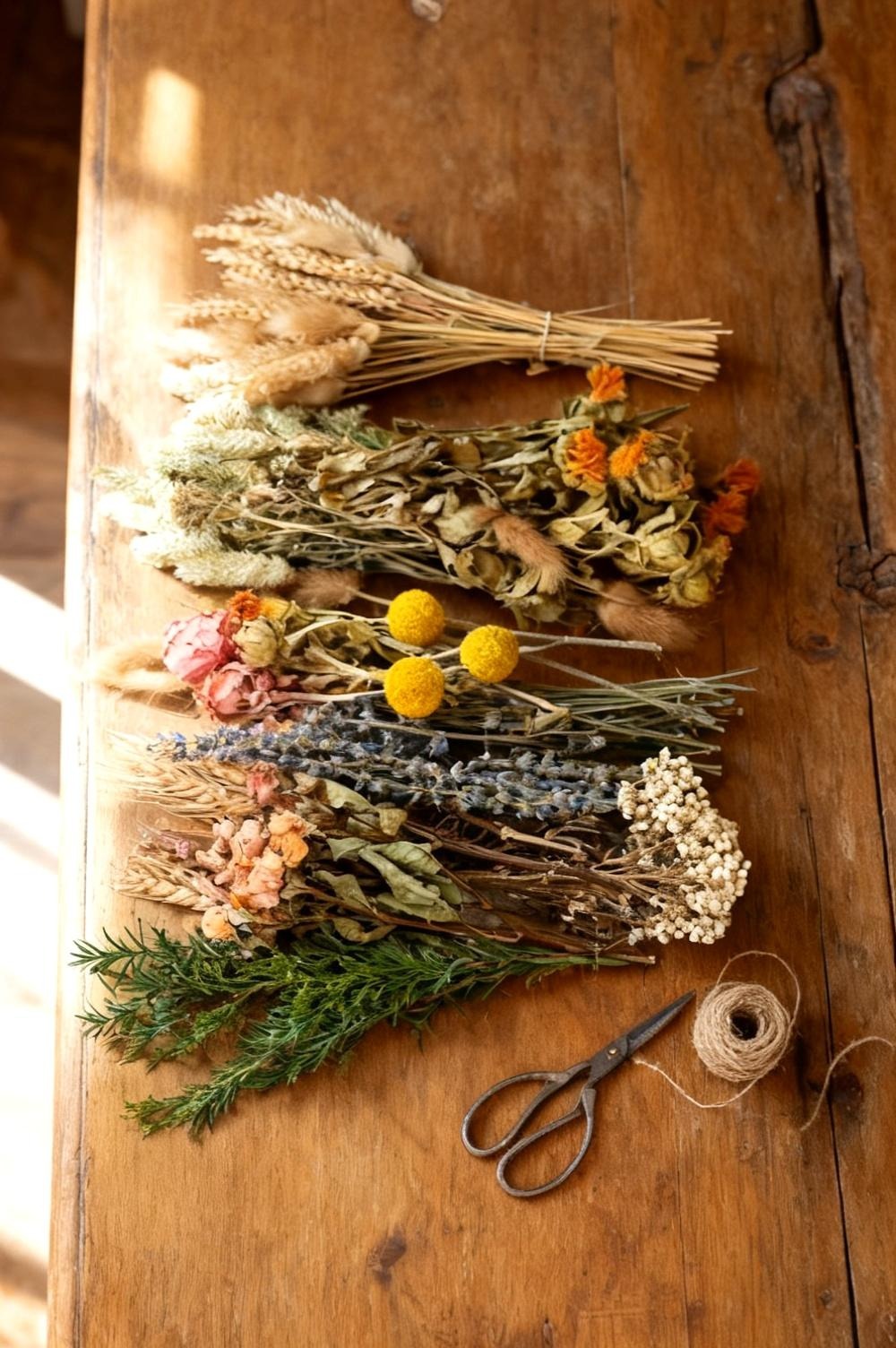 A pale dried wreath of wheat and grasses hanging on an interior plaster wall above a wooden console table with a lamp and a stack of books, soft daylight from one window