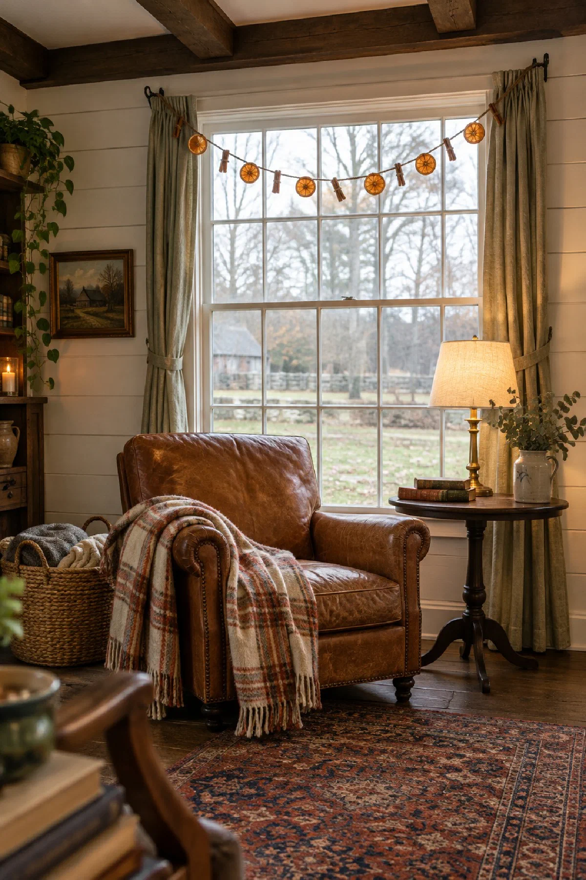 Dried orange garland strung on jute twine with cinnamon sticks across a farmhouse living room window, a lit lamp and a wool throw on an armchair in front