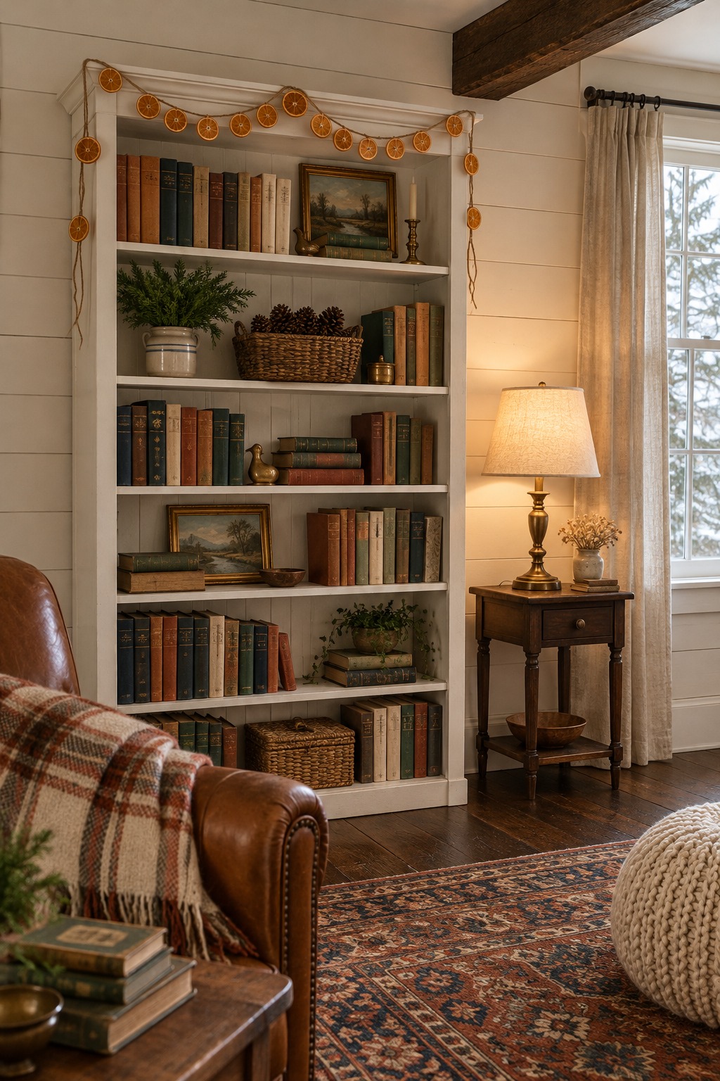 Dried orange garland draped along the top of a white bookshelf in a small cozy living room with a lit table lamp, books, a pot of greenery and a basket of pinecones