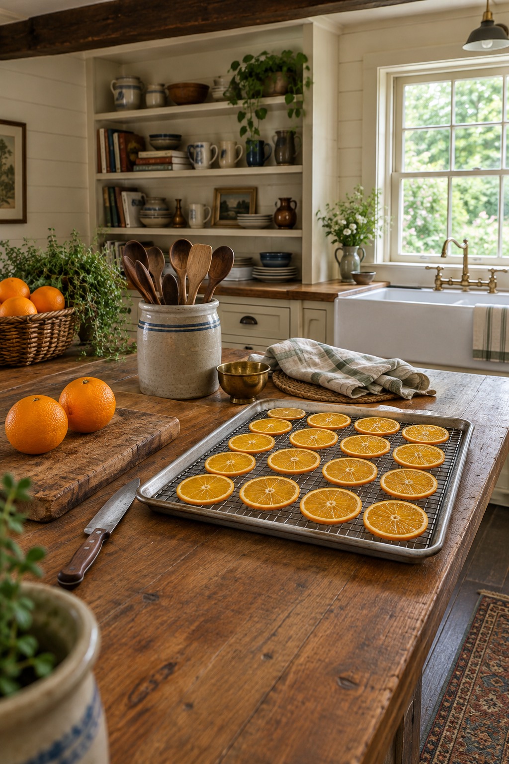 Thin dried orange slices laid in a single layer on a wire rack over a baking sheet on a wooden farmhouse kitchen counter, with a knife, a cutting board and whole navel oranges