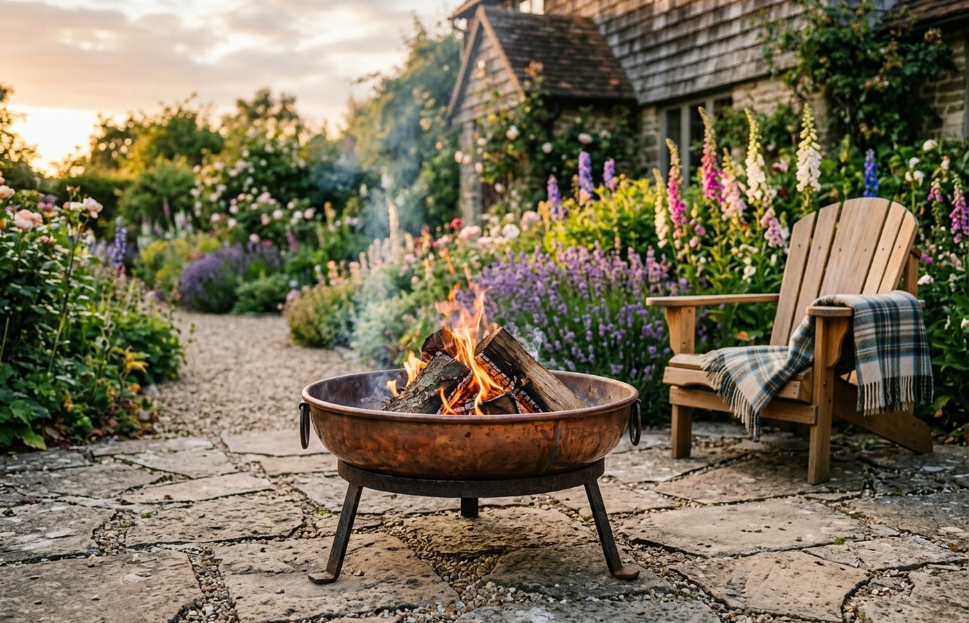 Backyard garden path at dusk with a gentle glow and dark planted edges