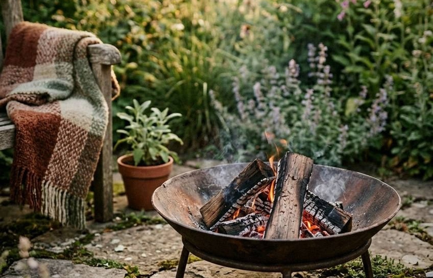 Soft evening garden lighting near pale flowers and foliage