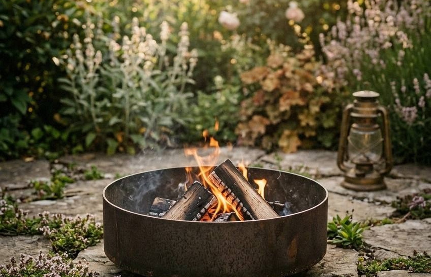 Quiet backyard sanctuary after sunset with low warm light and shadowed planting beds