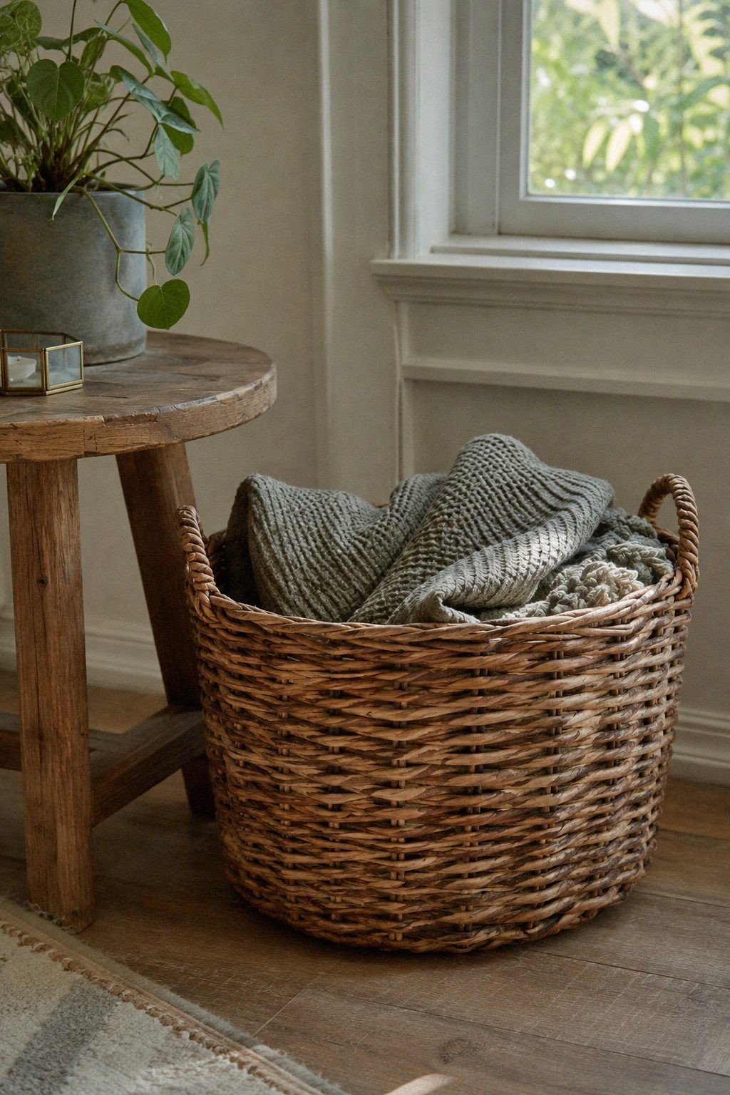 A tall snake plant in a terracotta-colored pot placed in the corner of a small apartment living room