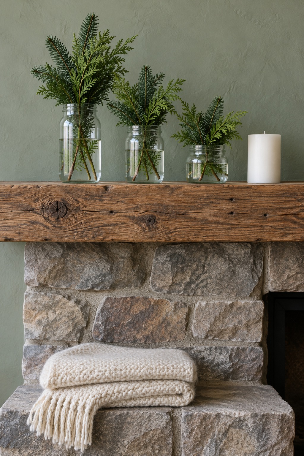 Three glass jars of fresh fir and cedar clippings in different heights on a wooden mantel beside a white pillar candle