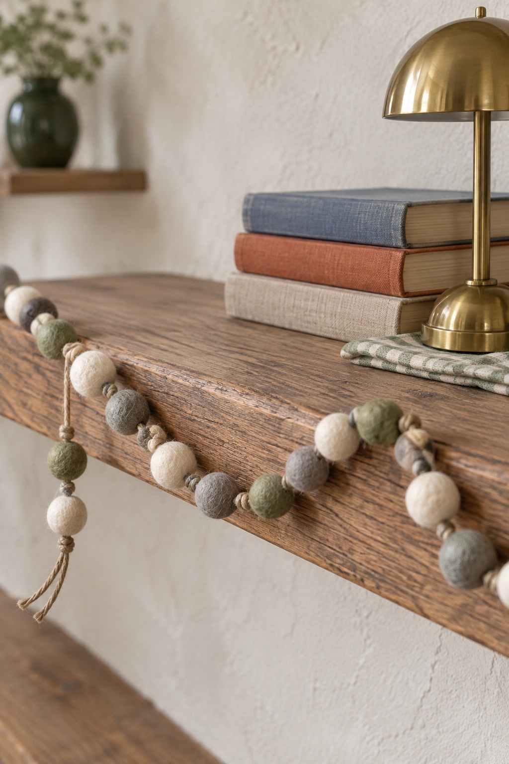Garland of cream, gray and sage green wool felt balls on twine draped along a wooden shelf edge above a stack of books and a small brass lamp
